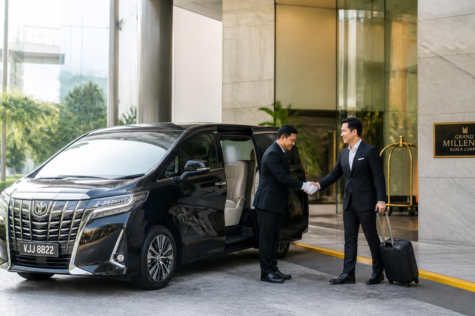 Black Toyota Alphard with chauffeur welcoming a guest outside a luxury Kuala Lumpur hotel