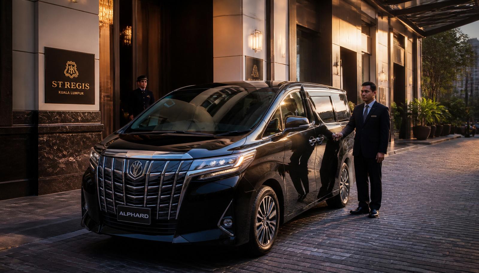 Black Toyota Alphard at a luxury hotel in Kuala Lumpur with a professional chauffeur